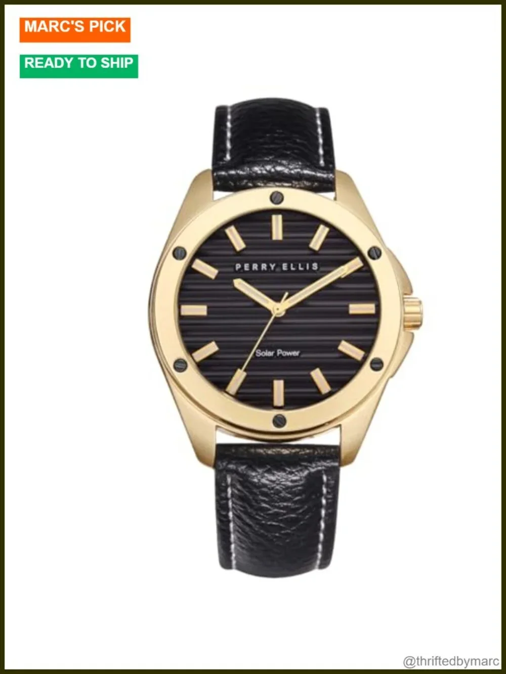 Solar Powered Mens Watch 42mm Vegan Leather Analog Wrist Watch Water Resistant